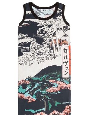 Carven Cotton tank shift dress. Scenic Print Tank Dress with Japanese Motif M‎